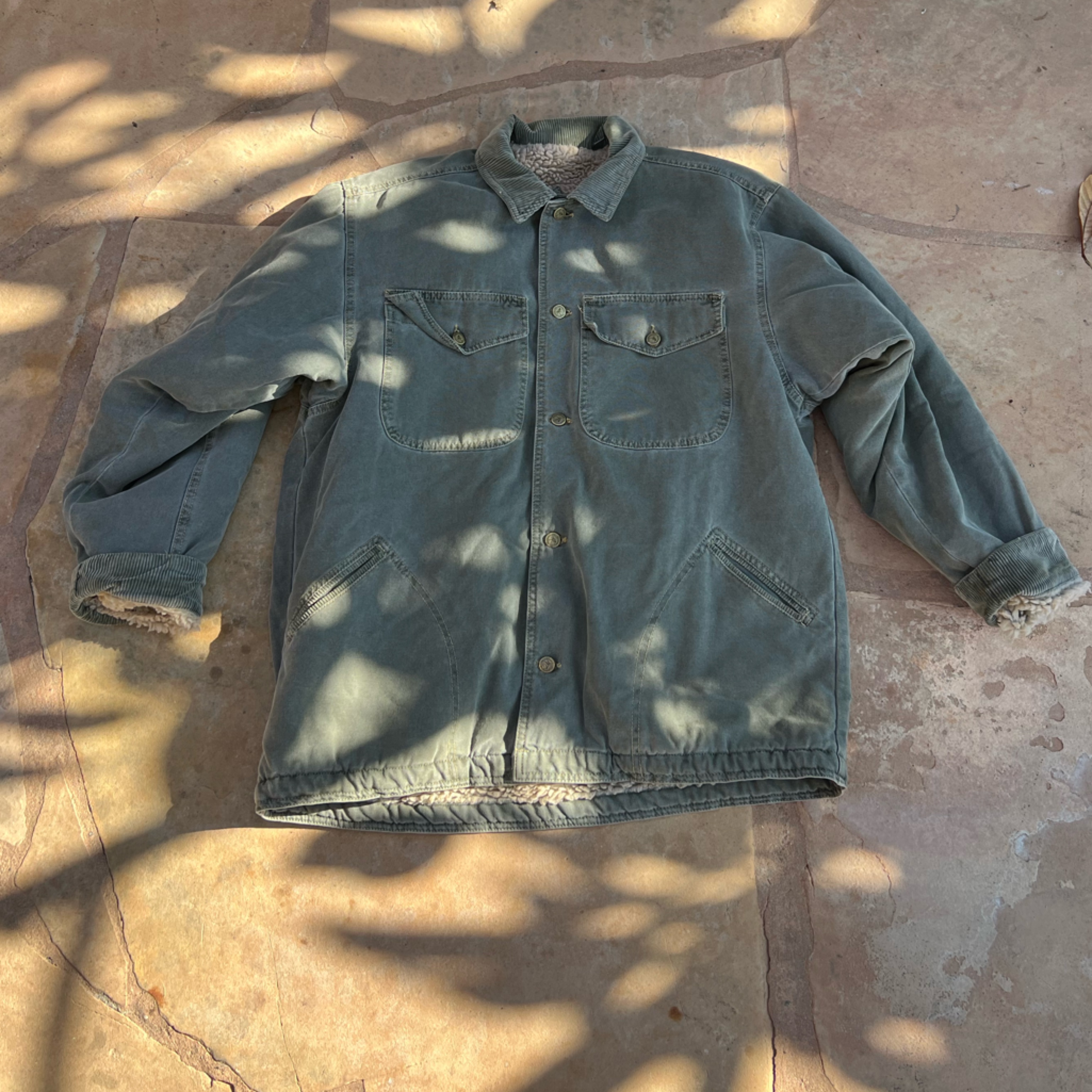 Vintage 1990’s Gramicci Sherpa Lined Chore Coat Jacket Tan Green Made In Usa